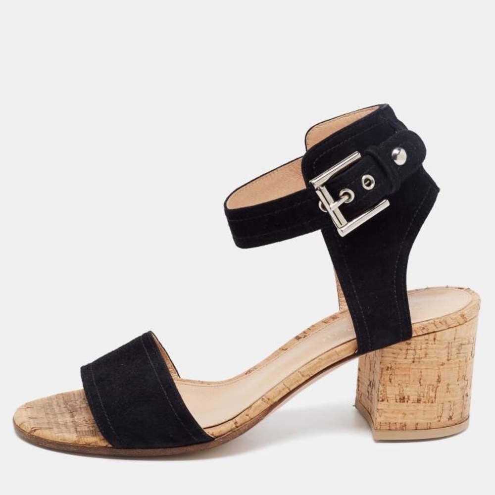 Gianvito Rossi Rikki Low Sandals Black Suede Buckle Cork Heel Size 9